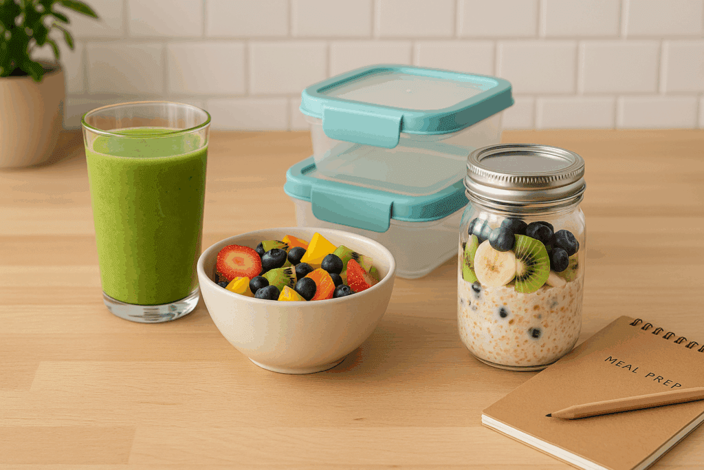 Meal prep scene featuring a green smoothie, fruit salad, and overnight oats with the best fruits and vegetables for gut health.