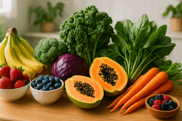 Colorful assortment of the best fruits and vegetables for gut health, including bananas, berries, leafy greens, carrots, and papaya on a wooden kitchen table.