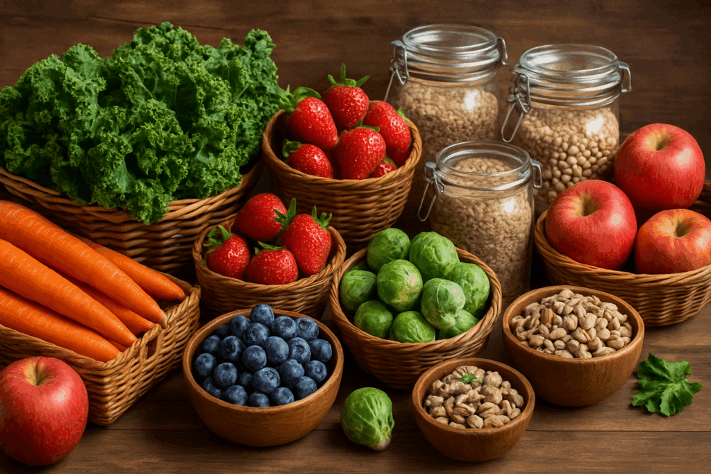 The Essential Guide to the Powerful Nutritional Benefits of Fiber for Gut Health and Digestion 2 Colorful assortment of fiber-rich foods like berries, apples, leafy greens, legumes, and whole grains in baskets and jars, highlighting the nutritional benefits of fiber.