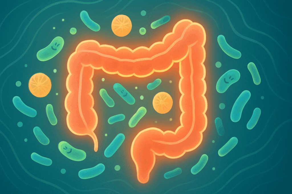 The Essential Guide to the Powerful Nutritional Benefits of Fiber for Gut Health and Digestion 3 Glowing colon illustration with animated healthy gut bacteria and fiber particles, symbolizing the nutritional benefits of fiber for digestive wellness.