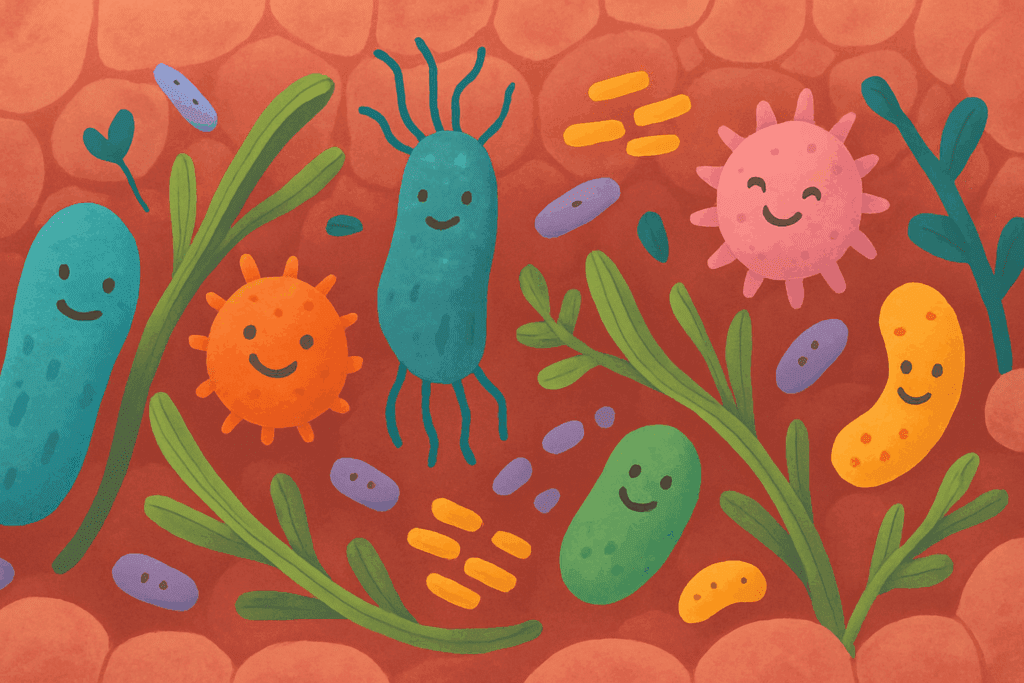 The Essential Guide to the Powerful Nutritional Benefits of Fiber for Gut Health and Digestion 5 Friendly gut bacteria thriving on plant fibers inside the colon, illustrating the nutritional benefits of fiber for a balanced microbiome