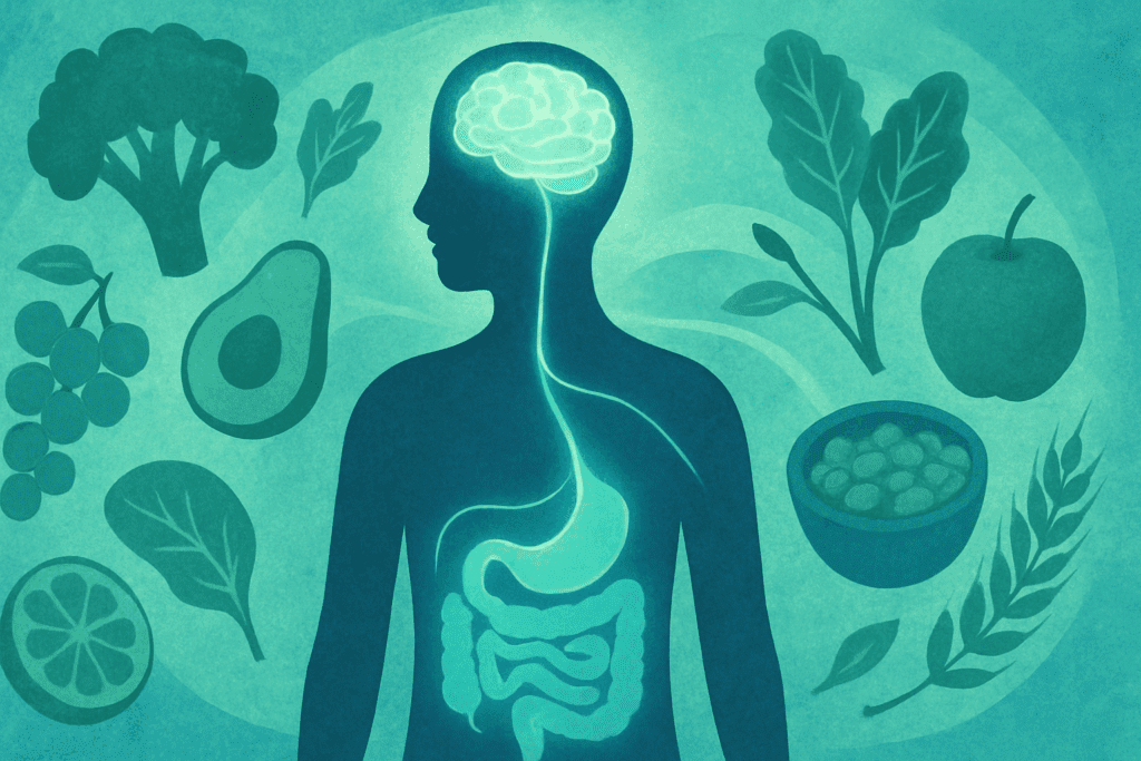 The Essential Guide to the Powerful Nutritional Benefits of Fiber for Gut Health and Digestion 6 Artistic silhouette showing glowing gut-brain connection surrounded by fiber-rich foods, symbolizing the nutritional benefits of fiber for mental wellness.