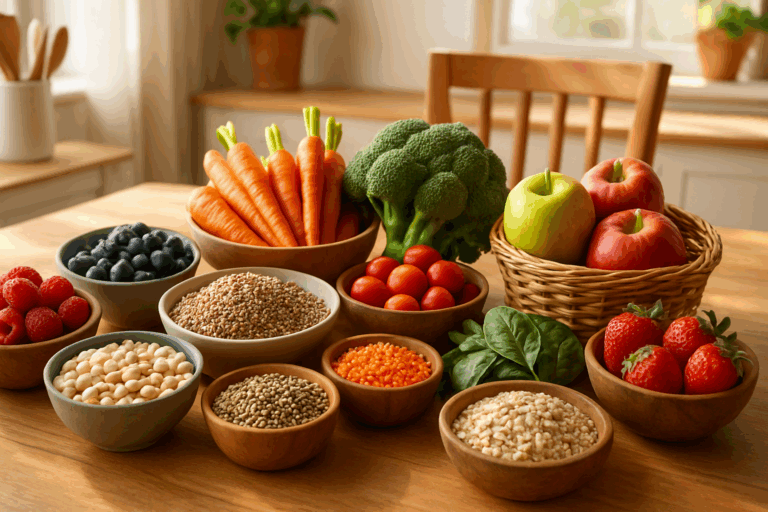 Wooden kitchen table with fresh fruits, vegetables, legumes, and whole grains arranged in bowls, showcasing the nutritional benefits of fiber.