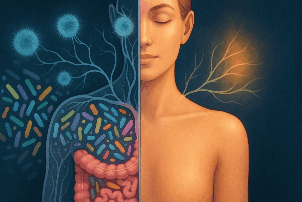 Artistic split-view of gut microbiota and glowing skin illustrating the gut-skin axis, supporting the science behind best foods for clear skin