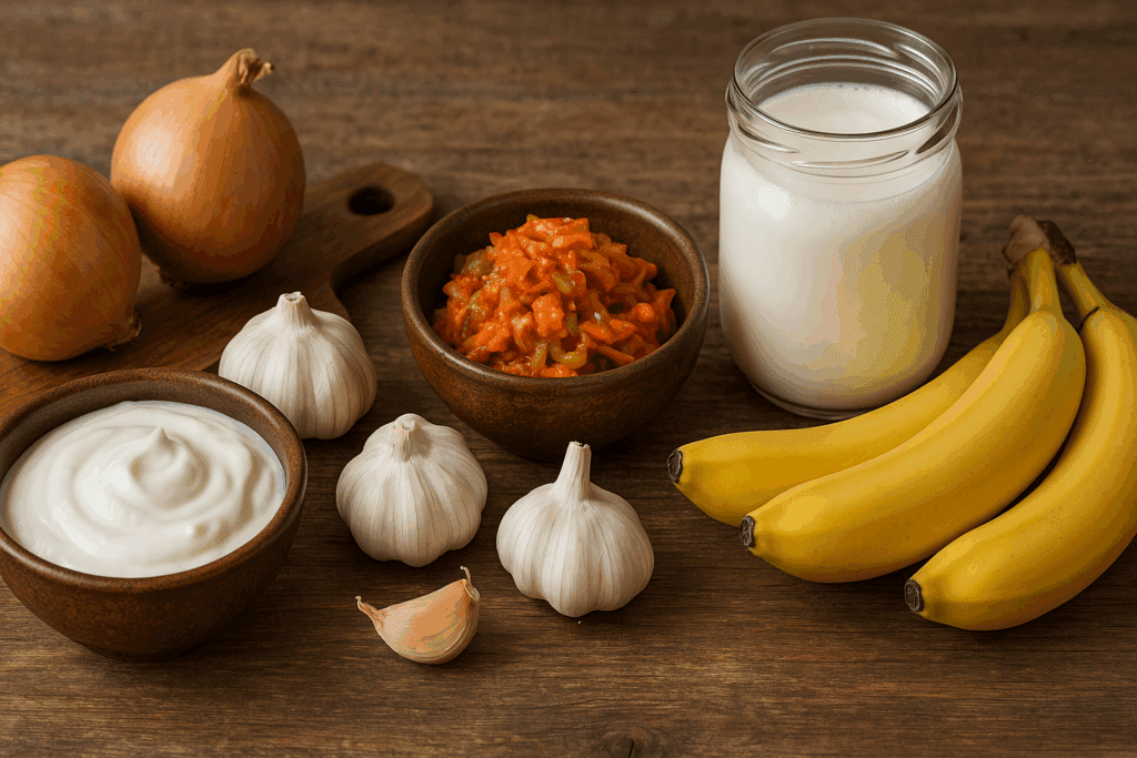 Probiotic and prebiotic foods like yogurt, kefir, kimchi, garlic, onions, and bananas arranged on a rustic table, showcasing the best foods for clear skin.