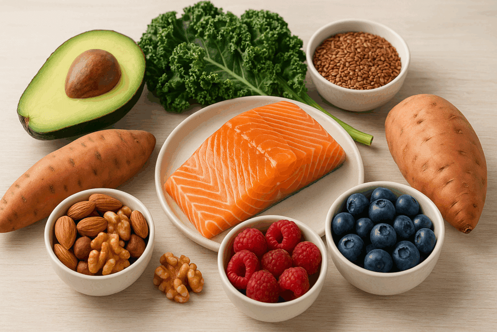 Salmon, avocado, kale, sweet potatoes, berries, nuts, and seeds arranged on a wooden surface showcasing the best foods for clear skin.