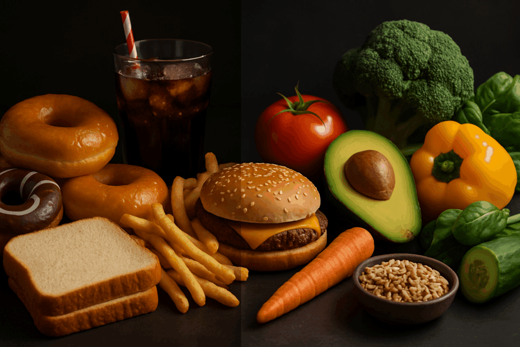 Contrast between greasy fast food and the best foods for clear skin like fresh vegetables, avocado, and whole grains on a dark background