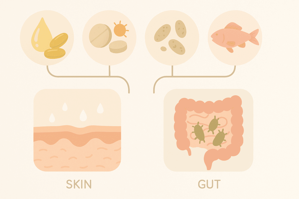 Person in casual homewear preparing a healthy meal with Greek yogurt, berries, salmon, quinoa salad, and broccoli—best foods for clear skin.