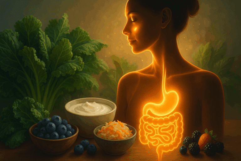 Stylized female silhouette with glowing gut and radiant skin, surrounded by best foods for clear skin like kale, berries, yogurt, and fermented vegetables.