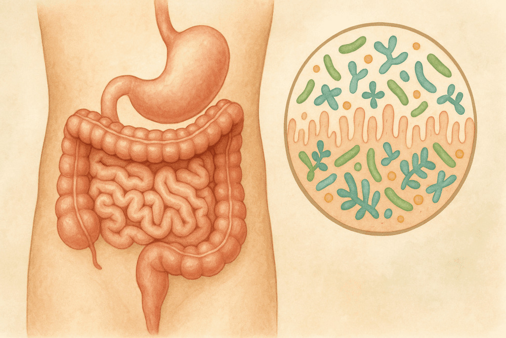 Cutaway illustration of a healthy human digestive system with flourishing gut microbiota, supporting a low fat high fiber menu lifestyle.