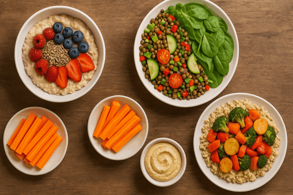 Flat-lay of a low fat high fiber menu with oatmeal and berries, lentil salad, carrots with hummus, and quinoa with roasted vegetables.