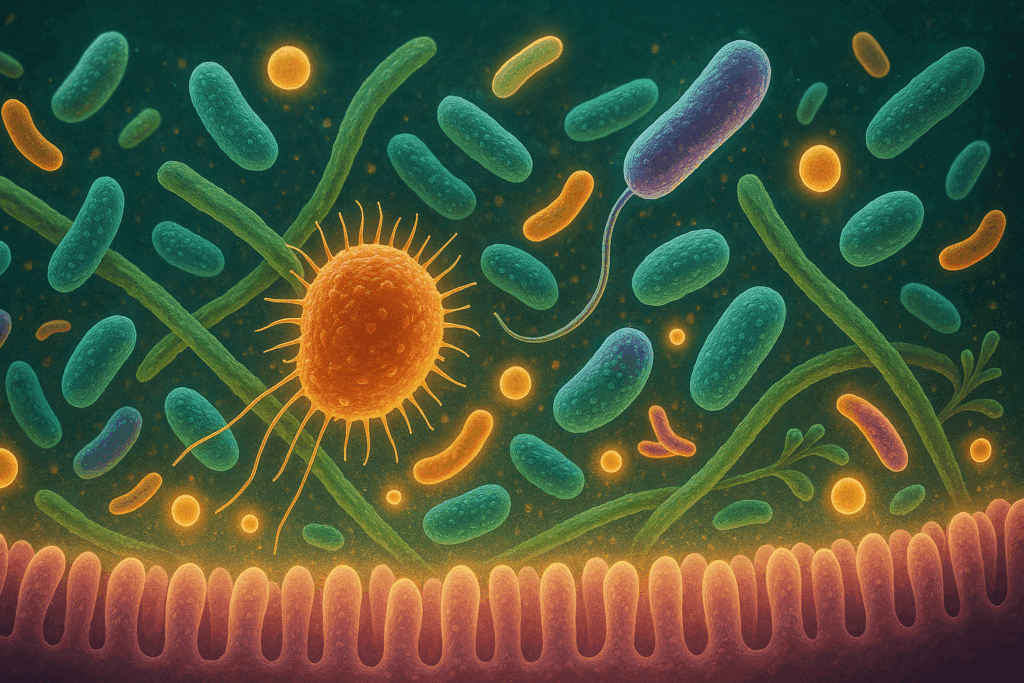 Microscopic view of diverse gut bacteria fermenting plant fibers into short-chain fatty acids, supporting a low fat high fiber menu for digestive health.