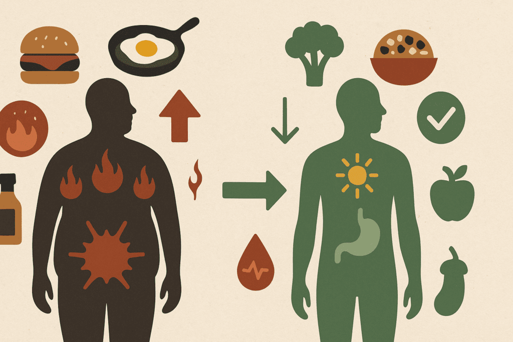 Side-by-side illustration comparing effects of a high-fat diet and a low fat high fiber menu on weight, inflammation, and metabolic health