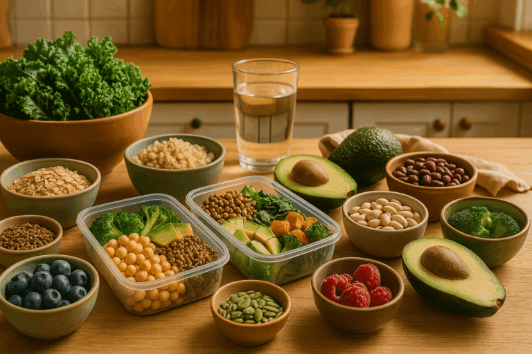 Colorful low fat high fiber menu with quinoa, beans, berries, leafy greens, and avocados in a cozy meal prep kitchen.