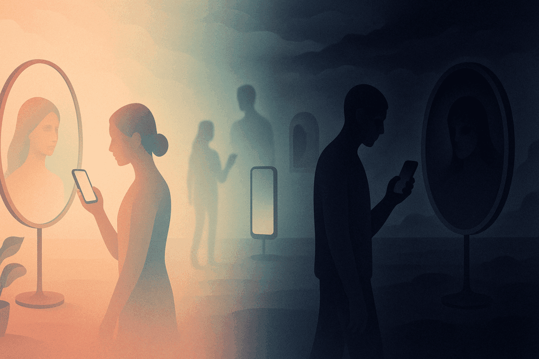 Digital illustration showing people absorbed in smartphones and mirrors, symbolizing the mental toll of Pro Eating Disorder Sites.