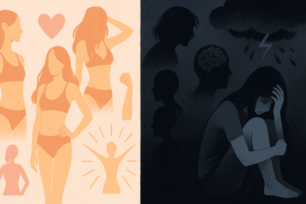 The Hidden Dangers of Pro Eating Disorder Sites: How Harmful Diet Culture Online Impacts Mindful Eating and Mental Health 1 Juxtaposition of idealized thin models and hidden mental health struggles illustrating the dark allure of Pro Eating Disorder Sites