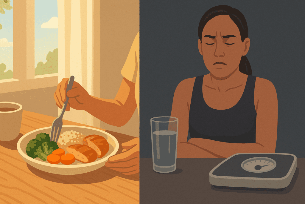 The Hidden Dangers of Pro Eating Disorder Sites: How Harmful Diet Culture Online Impacts Mindful Eating and Mental Health 2 Split-screen illustration contrasting mindful eating with disordered habits often promoted by Pro Eating Disorder Sites
