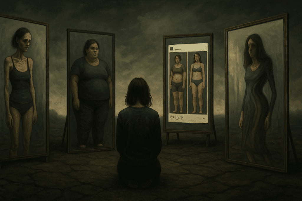 The Hidden Dangers of Pro Eating Disorder Sites: How Harmful Diet Culture Online Impacts Mindful Eating and Mental Health 3 Woman surrounded by distorted mirror reflections and social media before-and-after frames, symbolizing identity pressure linked to Pro Eating Disorder Sites.