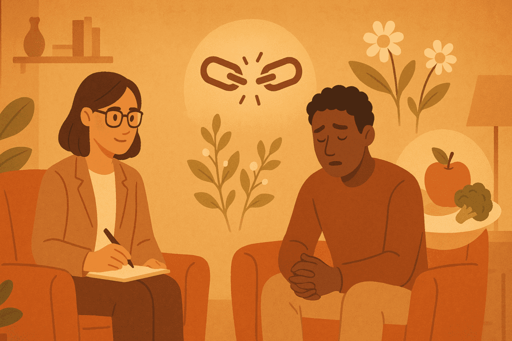 The Hidden Dangers of Pro Eating Disorder Sites: How Harmful Diet Culture Online Impacts Mindful Eating and Mental Health 6 Therapy session in a warm room with counselor and patient surrounded by symbols of recovery, contrasting the harmful influence of Pro Eating Disorder Sites.