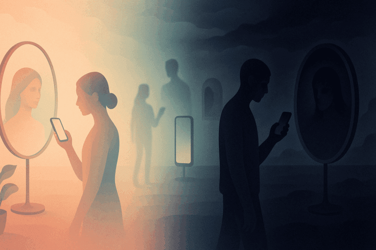Digital illustration showing people absorbed in smartphones and mirrors, symbolizing the mental toll of Pro Eating Disorder Sites.