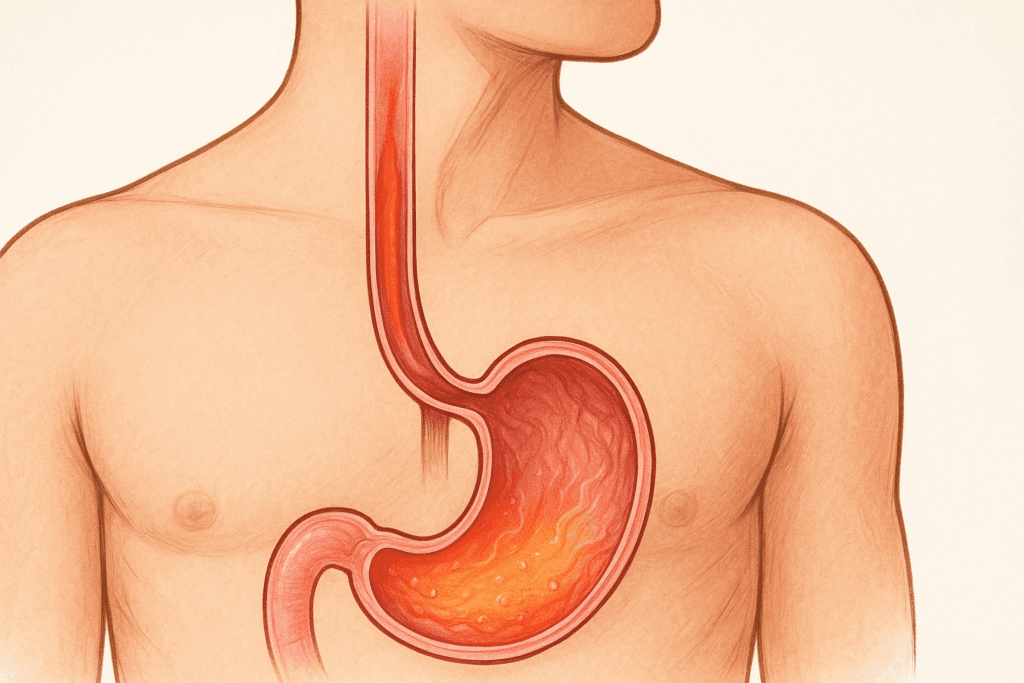 Medical illustration showing acid reflux as stomach acid flows into the esophagus, supporting discussion on are apples good for acid reflux