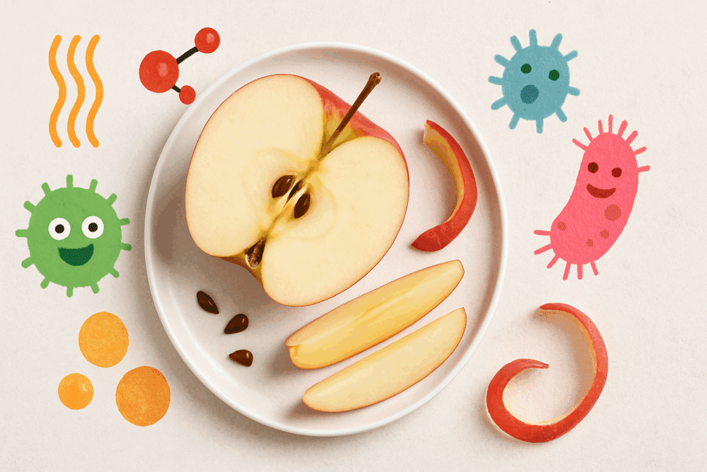 Sliced red apple on white plate surrounded by fiber strands, antioxidant molecules, and gut-friendly microbes, illustrating nutrient density to explore are apples good for acid reflux