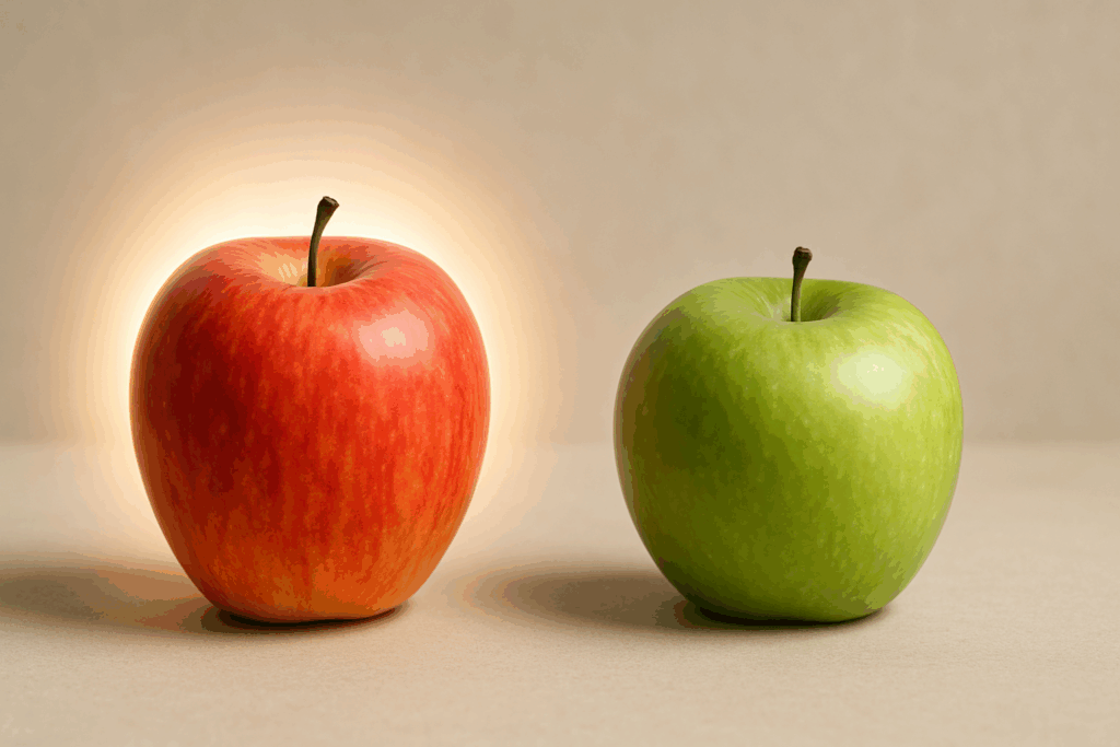 Sweet red apple glowing beside muted green apple on neutral background, illustrating are apples good for acid reflux.