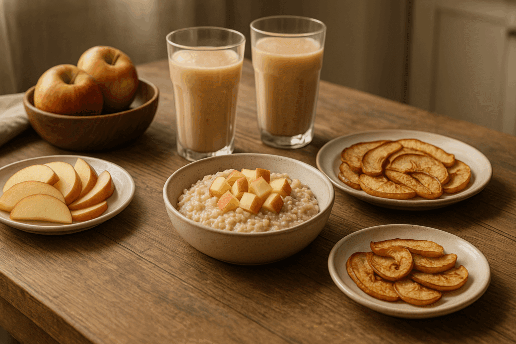 Healthy breakfast with oatmeal topped with apple chunks, sliced apples, apple smoothies, and baked apple slices on a rustic table, illustrating are apples good for acid reflux.