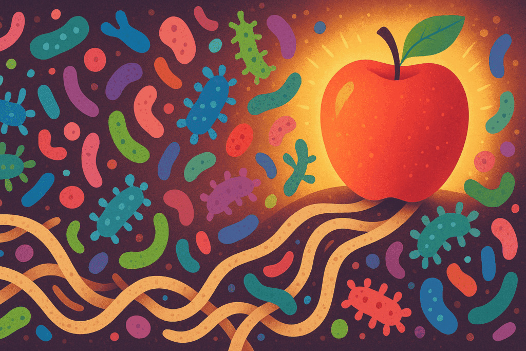 Colorful stylized gut microbiome with beneficial microbes feeding on apple pectin fibers, symbolizing how apples support gut health, answering are apples good for acid reflux.