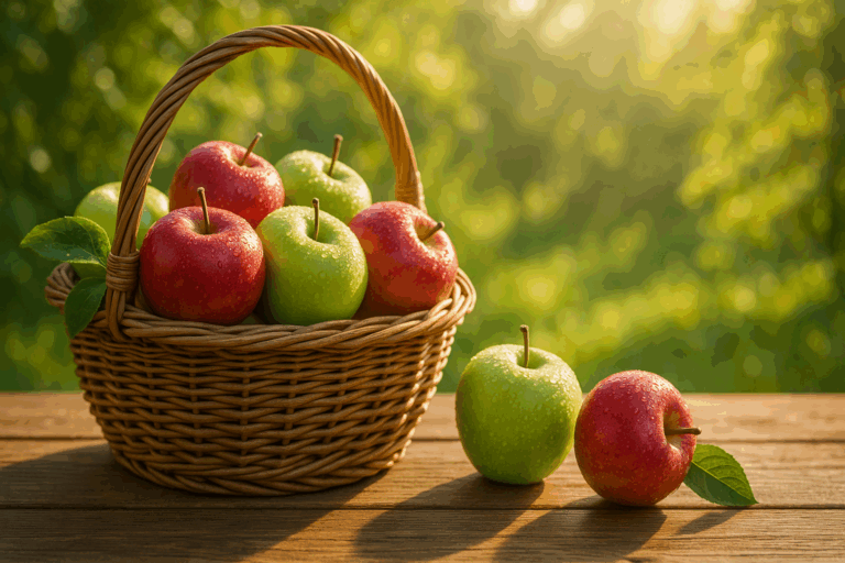 Fresh red and green apples with dewdrops in a wicker basket on a rustic table, symbolizing natural health and answering are apples good for acid reflux.