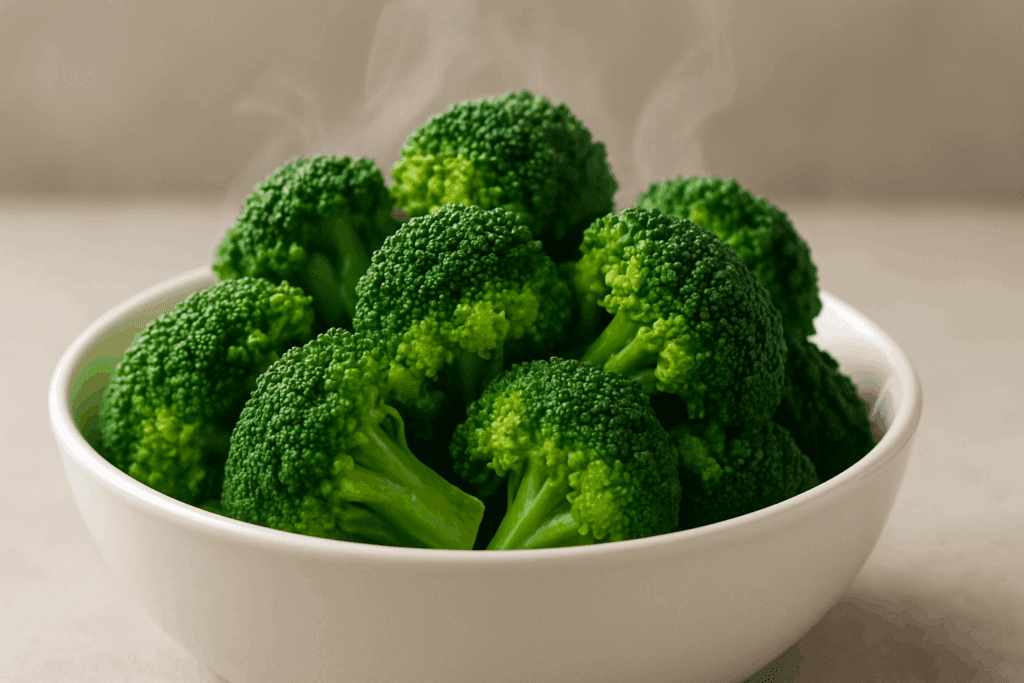 Steamed broccoli florets in a white bowl showing vibrant green texture and high fiber content on a neutral background.