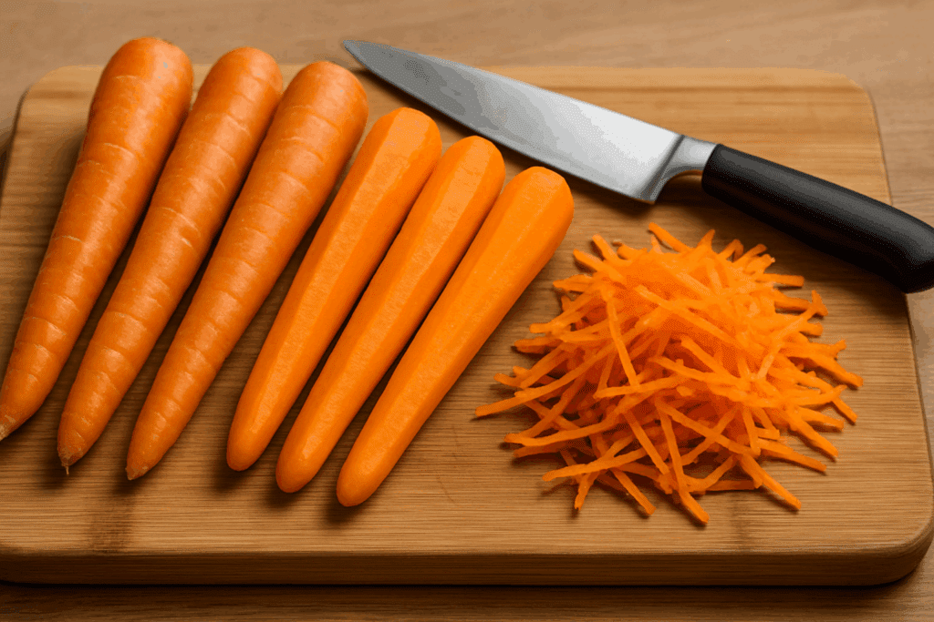Freshly peeled and whole carrots with shredded pieces on a wooden cutting board, highlighting their vibrant color and fiber content.