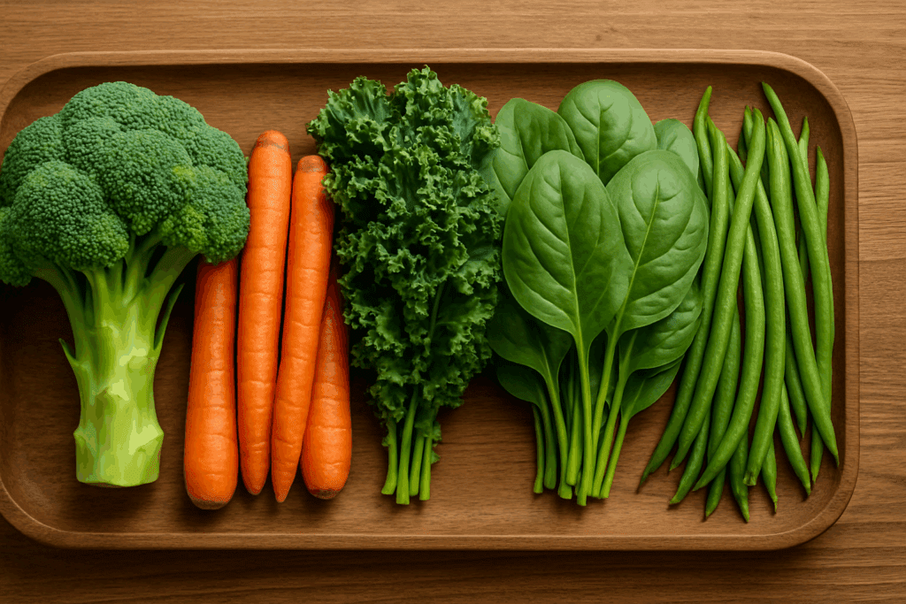 Broccoli, carrots, kale, spinach, and green beans displayed side by side on a wooden tray to compare fiber content visually.