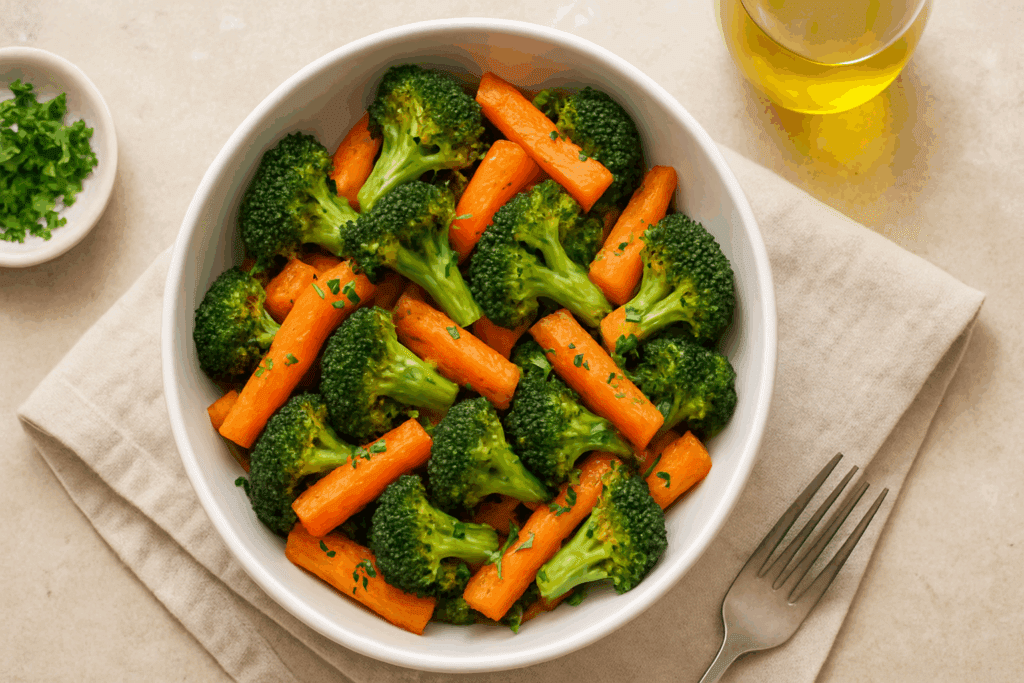 Roasted broccoli and carrots in a white bowl, highlighting their fiber content as part of a gut-friendly whole food meal.