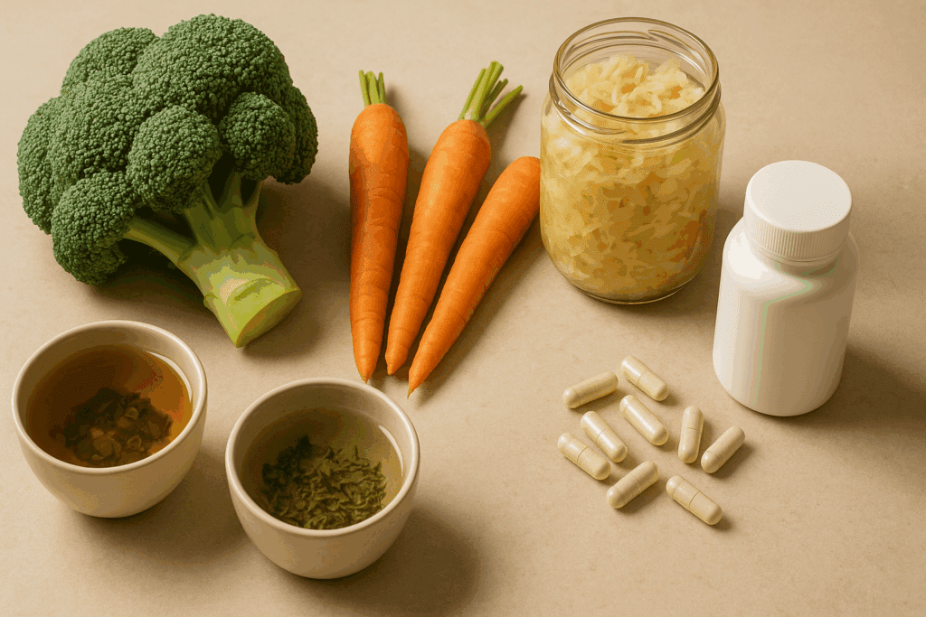 Flat-lay of broccoli, carrots, sauerkraut, herbal teas, and probiotics on a beige counter, highlighting natural sources of fiber content for gut health