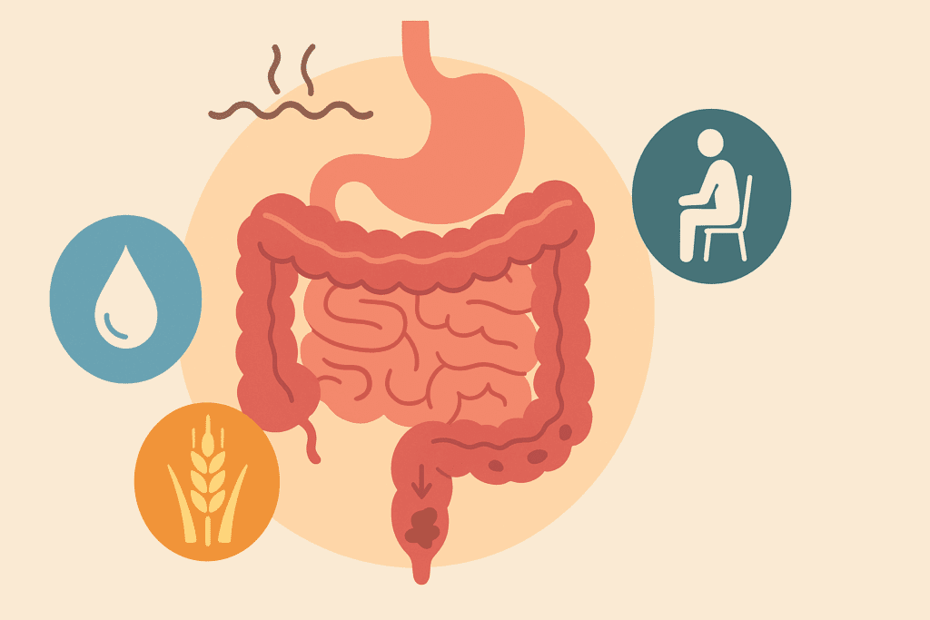 Simplified digestive system with icons for water, fiber, and inactivity, illustrating factors in the question do bananas help with constipation.