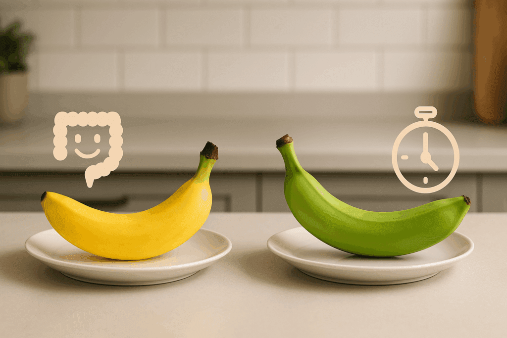 Side-by-side comparison of a ripe banana with a smiling gut icon and a green banana with a clock symbol, illustrating digestion speed to explore do bananas help with constipation.