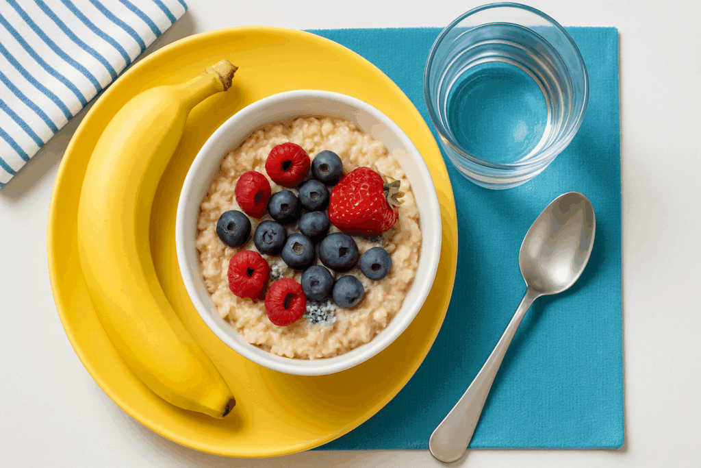 Fiber-rich breakfast with oatmeal, berries, chia seeds, banana, and water on a bright table—supports digestion and answers: do bananas help with constipation