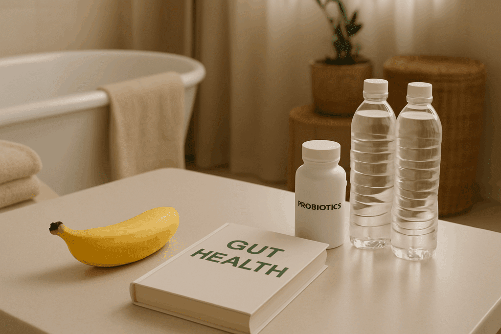 Banana on a bathroom counter beside probiotics, water bottles, and gut health items, promoting wellness and answering the question: do bananas help with constipation