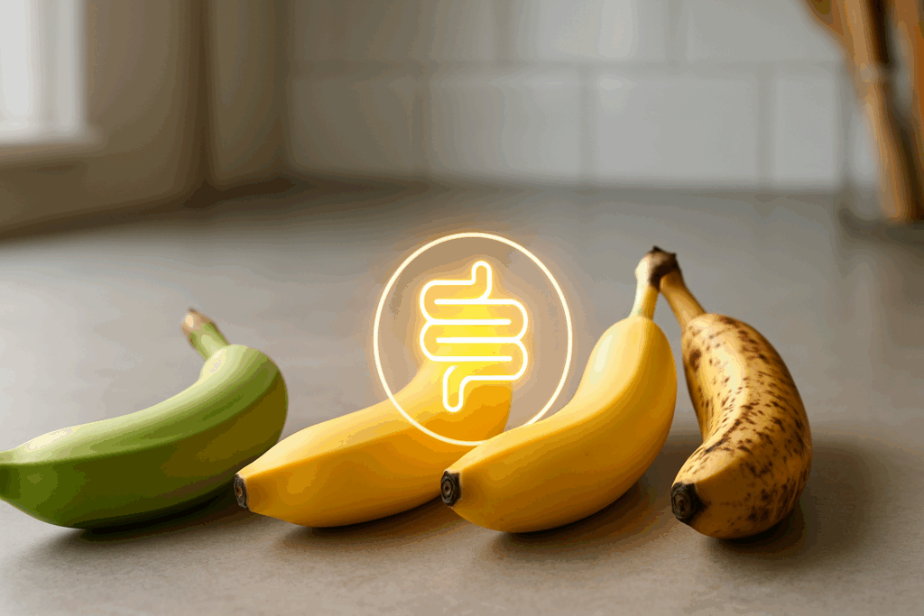 Four bananas at different ripeness stages on a kitchen counter, highlighting how ripe bananas may support gut health—do bananas help with constipation
