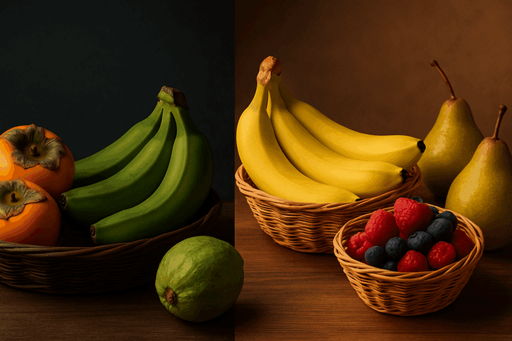 Comparison of fruits showing persimmons, green bananas, and unripe guava versus ripe bananas, berries, and pears, highlighting how these foods answer the question: do bananas help with constipation.