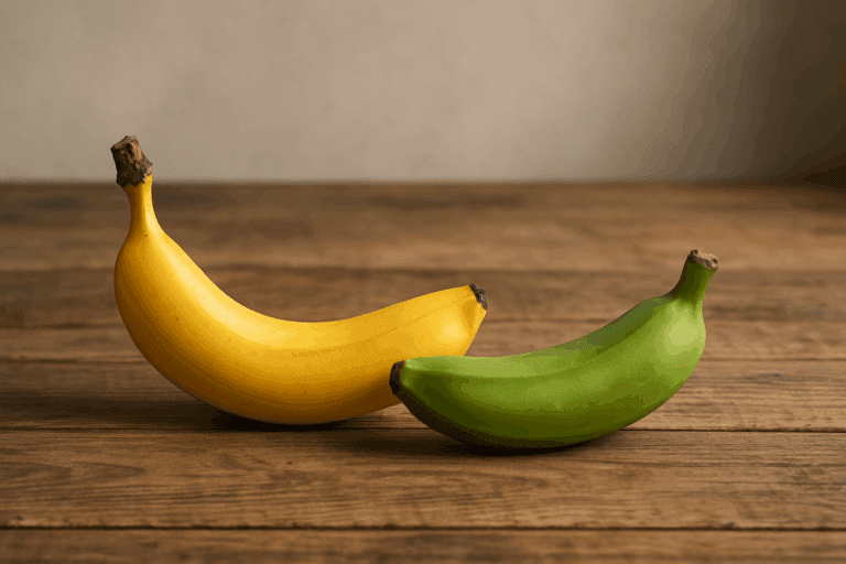 Ripe yellow banana beside unripe green banana on rustic wood table, illustrating comparison for digestion and answering do bananas help with constipation
