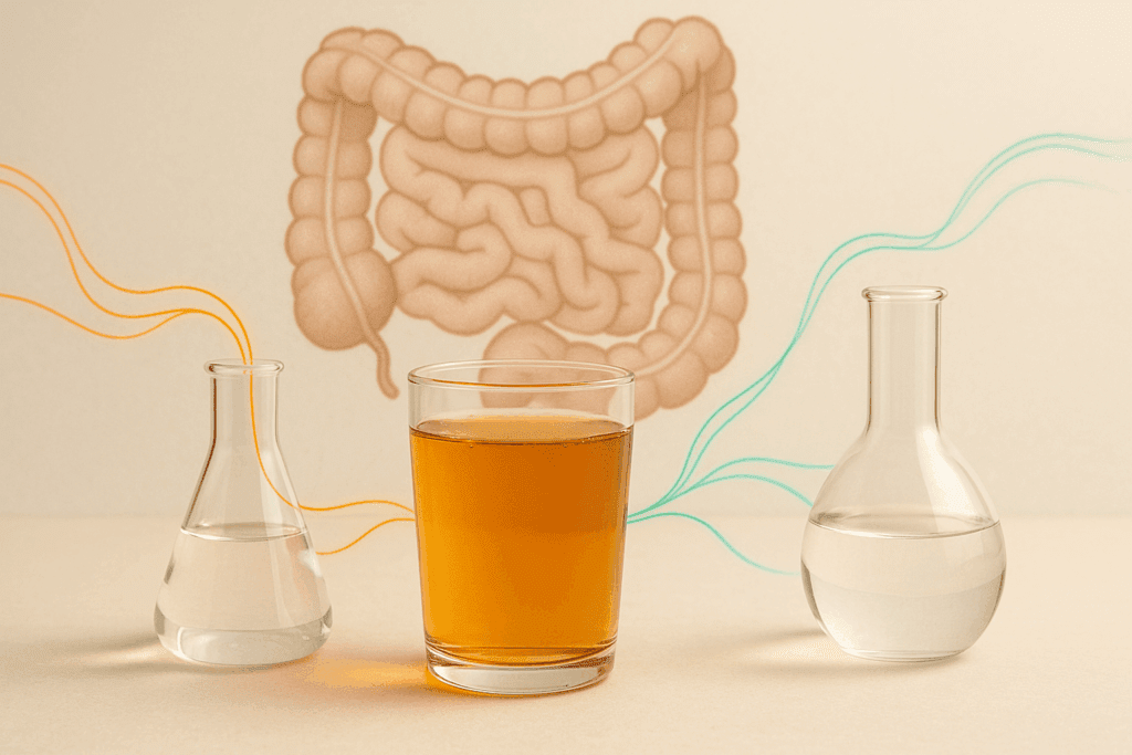 Glass of apple juice flanked by scientific beakers with glowing trails linking to intestines, symbolizing the connection between apple juice and constipation relief.