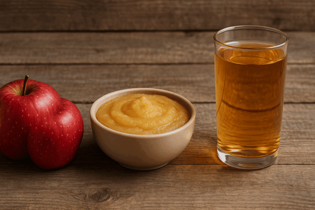 Whole apples, applesauce, and a glass of apple juice on a rustic table illustrating differences in fiber content linked to apple juice and constipation