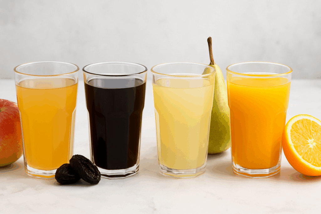 Four glasses of fresh juice—apple, prune, pear, and orange—lined up with their fruits on marble, highlighting apple juice and constipation relief options.