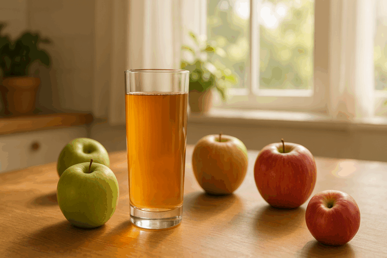 Glass of apple juice on a wooden table surrounded by fresh apples, symbolizing natural relief for apple juice and constipation