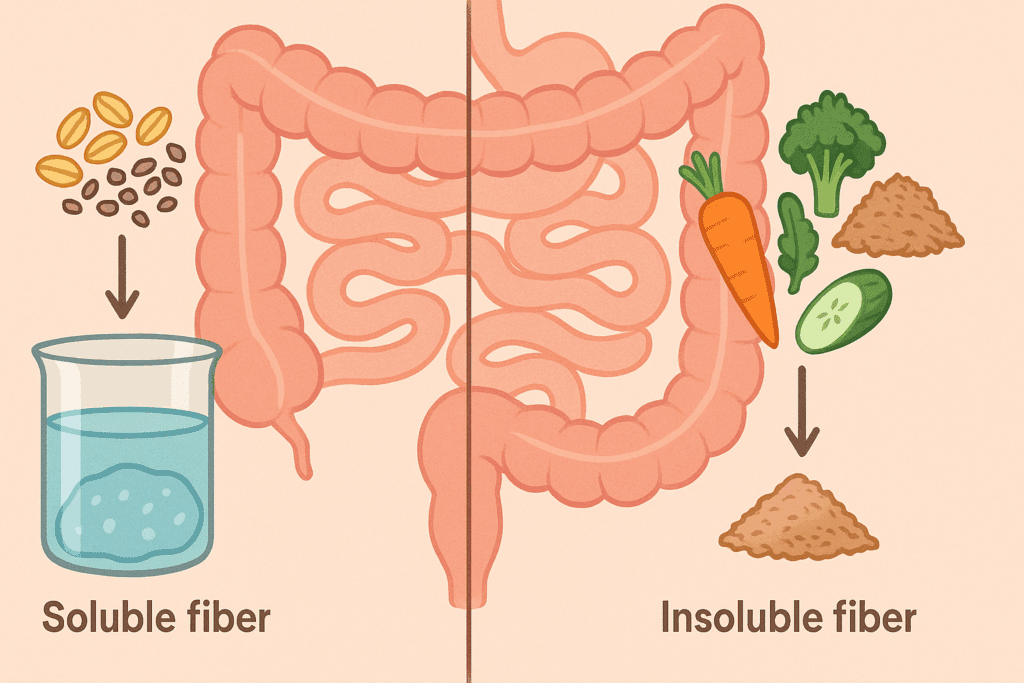 Split diagram showing how soluble and insoluble fiber travel through the intestines, illustrating effects relevant to the question: can a high-fiber diet make you gain weight