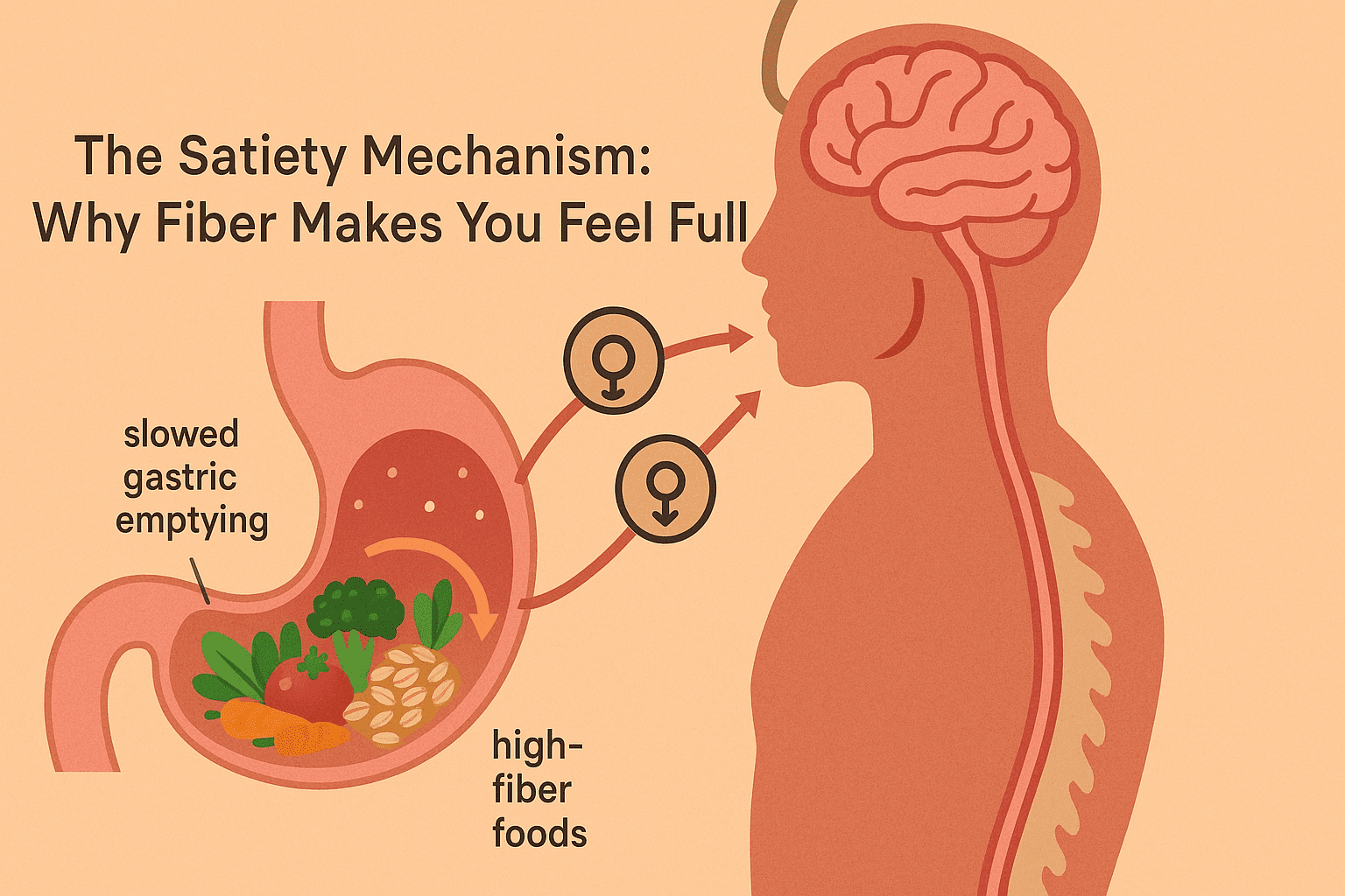 Cross-sectional diagram of a human torso showing stomach filled with high-fiber foods signaling fullness to the brain, illustrating how can a high-fiber diet make you gain weight by delaying gastric emptying