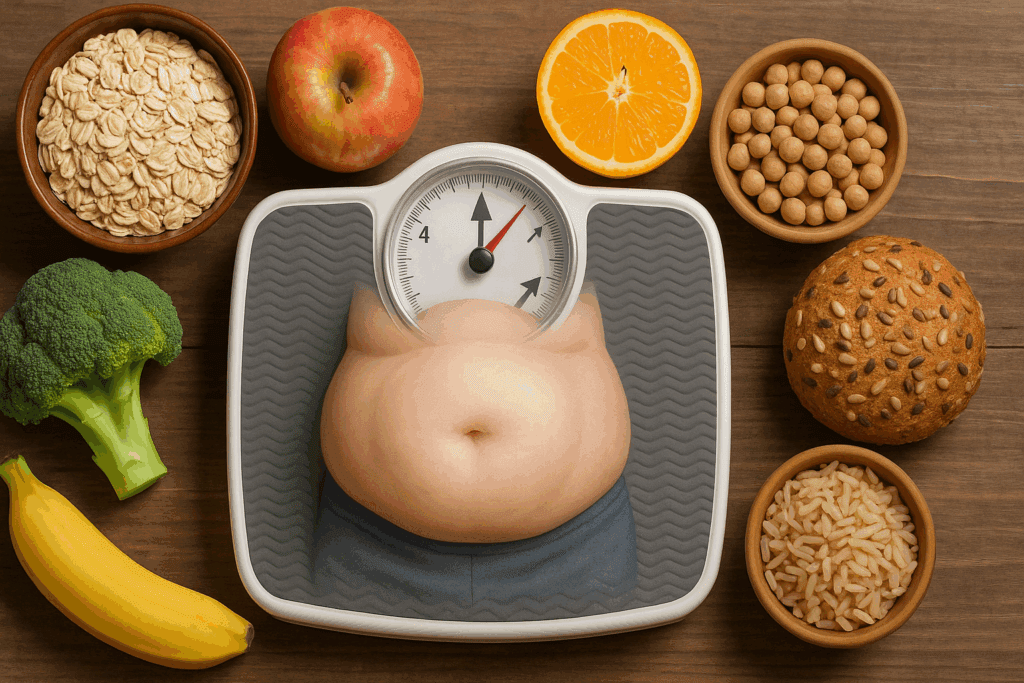Bathroom scale showing weight gain surrounded by fiber-rich foods like bananas, broccoli, oats, and whole grain bread, illustrating the question: can a high-fiber diet make you gain weight.