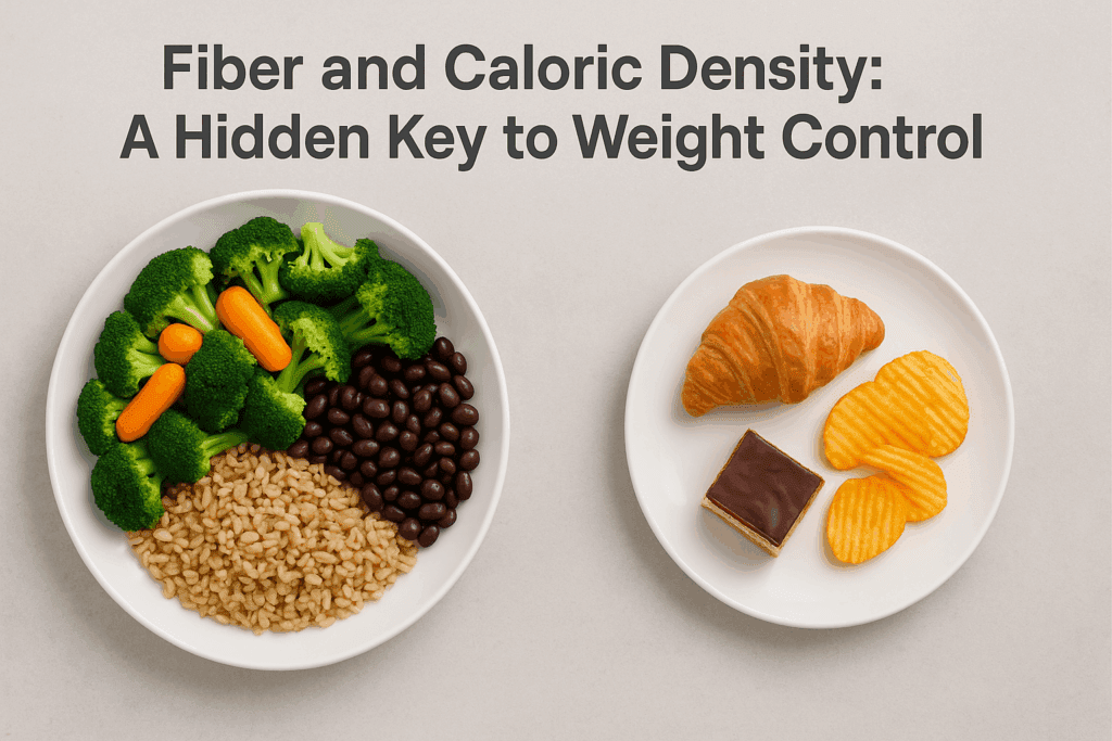 Side-by-side comparison showing how portion size varies in a high-fiber vs low-fiber meal, exploring can a high-fiber diet make you gain weight